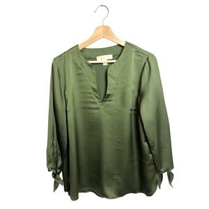 MK Michael Kors Olive Green V-Neck Top Tie-Cuff 3/4 Sleeve Blouse Size M